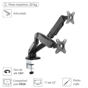 SUPORTE A GÁS PARA 2 MONITORES 17'' A 32'' VESA 100X100 SM-341B