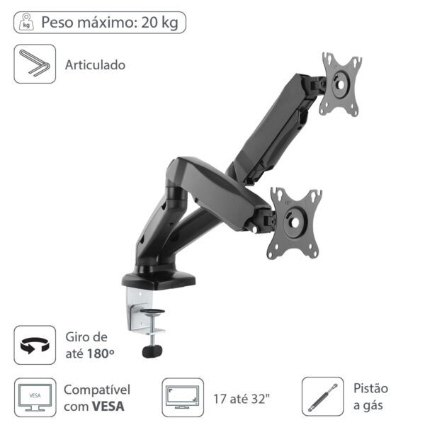 SUPORTE A GÁS PARA 2 MONITORES 17'' A 32'' VESA 100X100 SM-341B