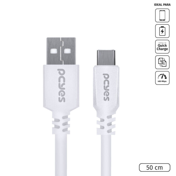 CABO PARA CELULAR SMARTPHONE USB A 2.0  PARA USB TIPO C 50 CM BRANCO - PUACB-05