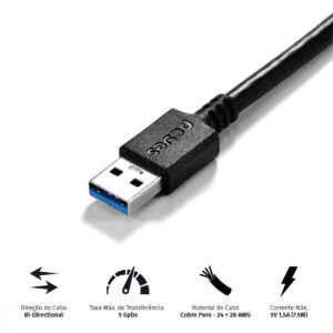 CABO PARA HD EXTERNO USB A 3.0 MACHO PARA MICRO USB B 3.0 (10 PINOS) MACHO 28AWG PURO COBRE 3 METROS - PUAMCM3-3