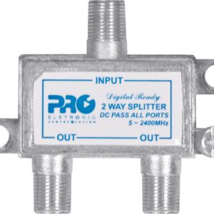 DIVISOR SATÉLITE 1 ENTRADA E 2 SAÍDAS - 5~2400 MHZ (VHF / UHV / SATÉLITE) COM PASSAGEM DC PQDV-2022