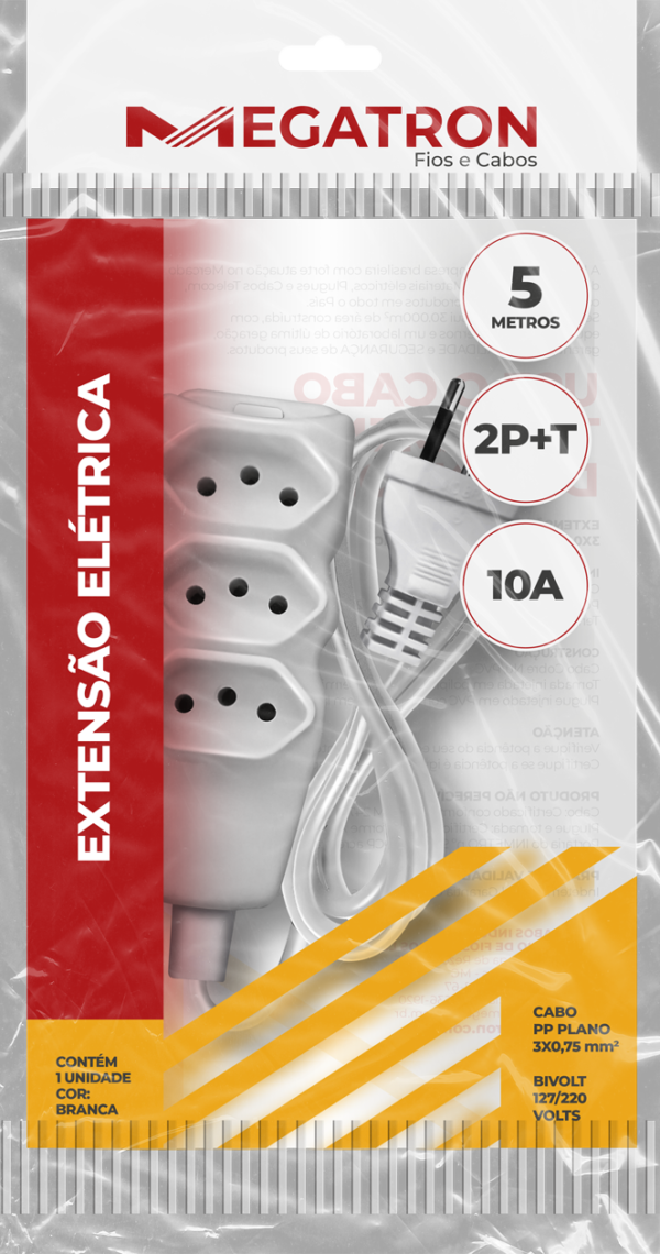 EXTENSAO CABO 2P T PP PLANO 3X0,75 5M BRANCA