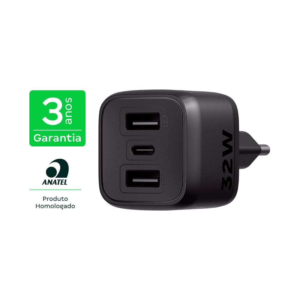 CARREGADOR ULTRARRAPIDO 32W C/ 3 PORTAS USB (2 USB-A + 1 USB-C) GAN EC12 4820192 - Imagem 2
