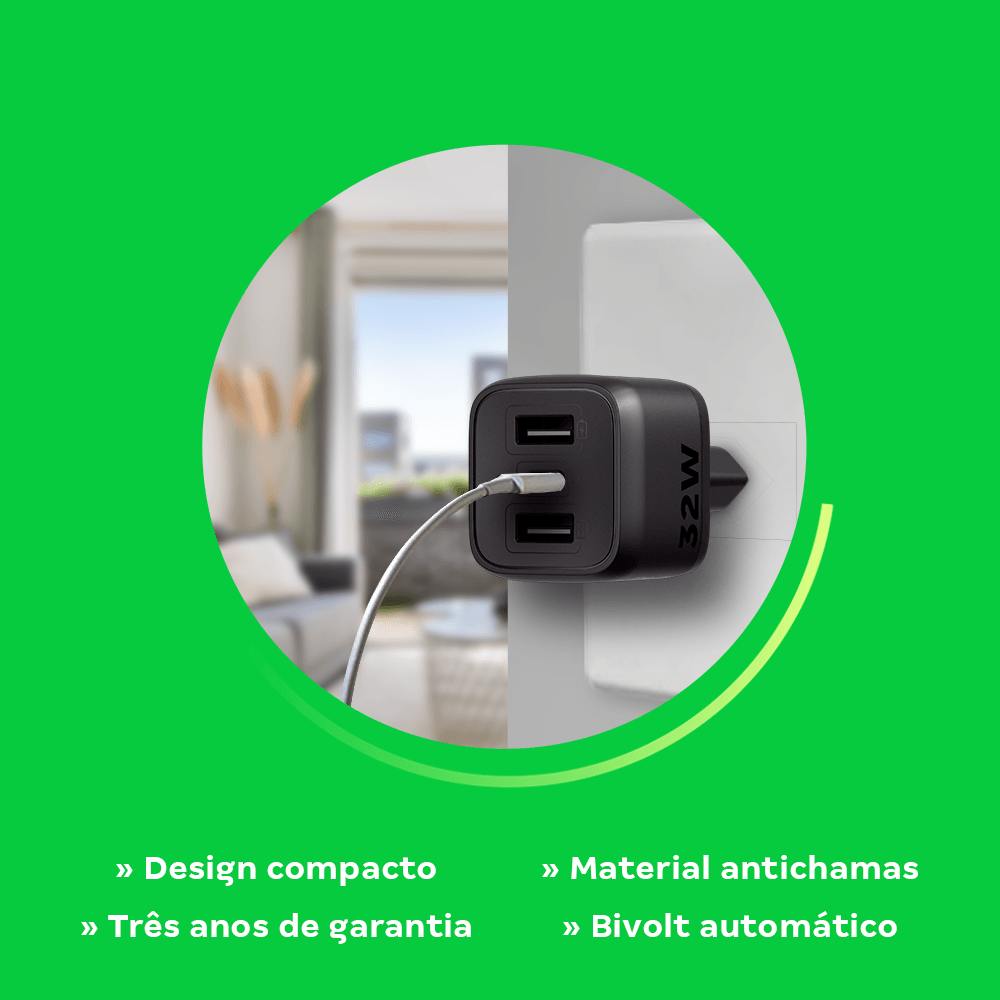 CARREGADOR ULTRARRAPIDO 32W C/ 3 PORTAS USB (2 USB-A + 1 USB-C) GAN EC12 4820192 - Imagem 5