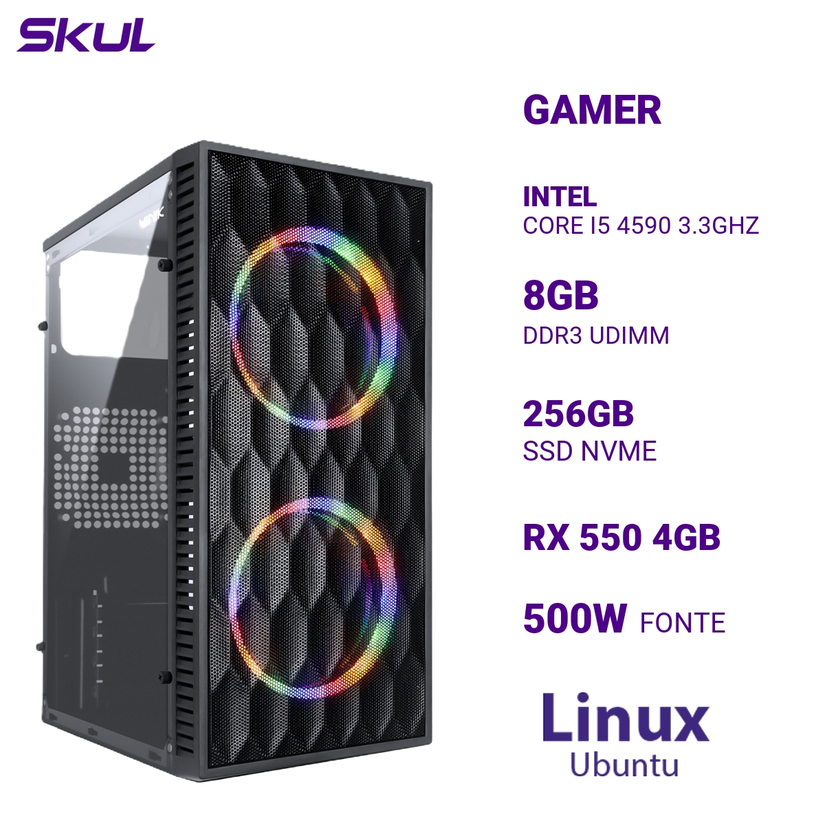 COMPUTADOR 5000 CORE I5 4590 3.3GHZ MEMÓRIA 8GB DDR3 SSD 256GB NVME RX 550 4GB FONTE 500W LINUX UBUNTU