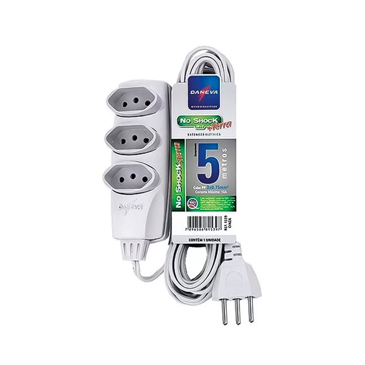 EXTENSAO NOSHOCK 90 PP 3X0,75 3 PINOS 2P+T 10A CINZA 5 METROS DN1539