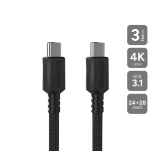 CABO PARA CELULAR CARREGAMENTO USB TIPO-C 3.1 P/ USB TIPO-C 3.1 - PRETO - 3 METROS - NYLON - PUCP3P