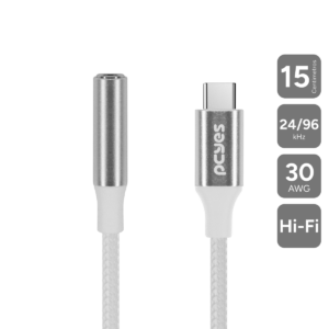 CABO ADAPTADOR PARA FONE DE OUVIDO USB TIPO-C PARA P3 3.5MM FÊMEA HIFI - BRANCO - 15CM - NYLON - P3UCP-15HFB