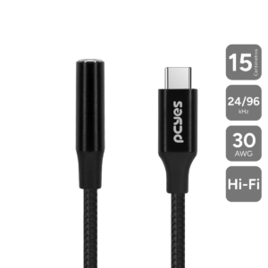 CABO ADAPTADOR PARA FONE DE OUVIDO USB TIPO-C PARA P3 3.5MM FÊMEA HIFI - PRETO - 15CM - NYLON - P3UCP-15P