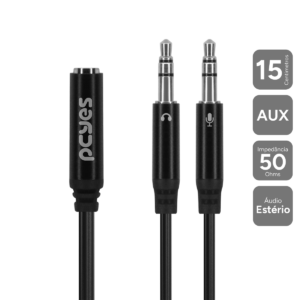 CABO ADAPTADOR PARA FONE E MICROFONE EM Y P3 FÊMEA PARA P2 MACHO - PRETO - 15CM - P3Y-15