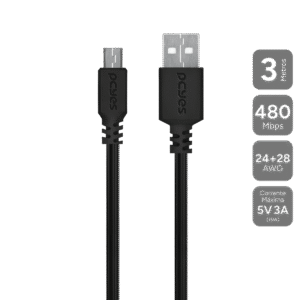 CABO PARA CELULAR CAMERA CAIXA DE SOM CARREGAMENTO MICRO USB PARA USB A 2.0 - PRETO - 3 METROS - PMUAP-3