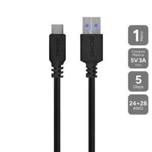 CABO PARA CELULAR DADOS CARREGAMENTO USB A 3.0 MACHO PARA USB TIPO-C - PRETO - 1 METRO - P3UACP-1