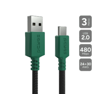 CABO PARA CARREGAMENTO CONTROLE XBOX CELULAR USB A 2.0  M PARA USB TIPO-C - VERDE - 3 MTS - NYLON - CBPY03VD
