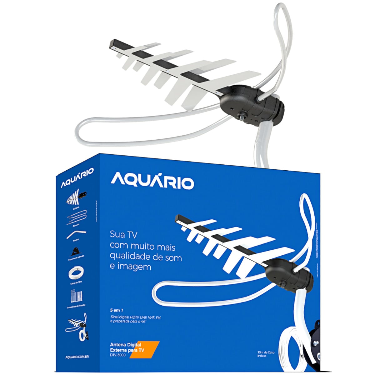 ANTENA TV DIGITAL EXTERNA 4 EM 1 VHF/UHF/FM/HDTV DTV-3000, COMPLETA, COM MASTRO E CABOS 15 METROS - Imagem 2