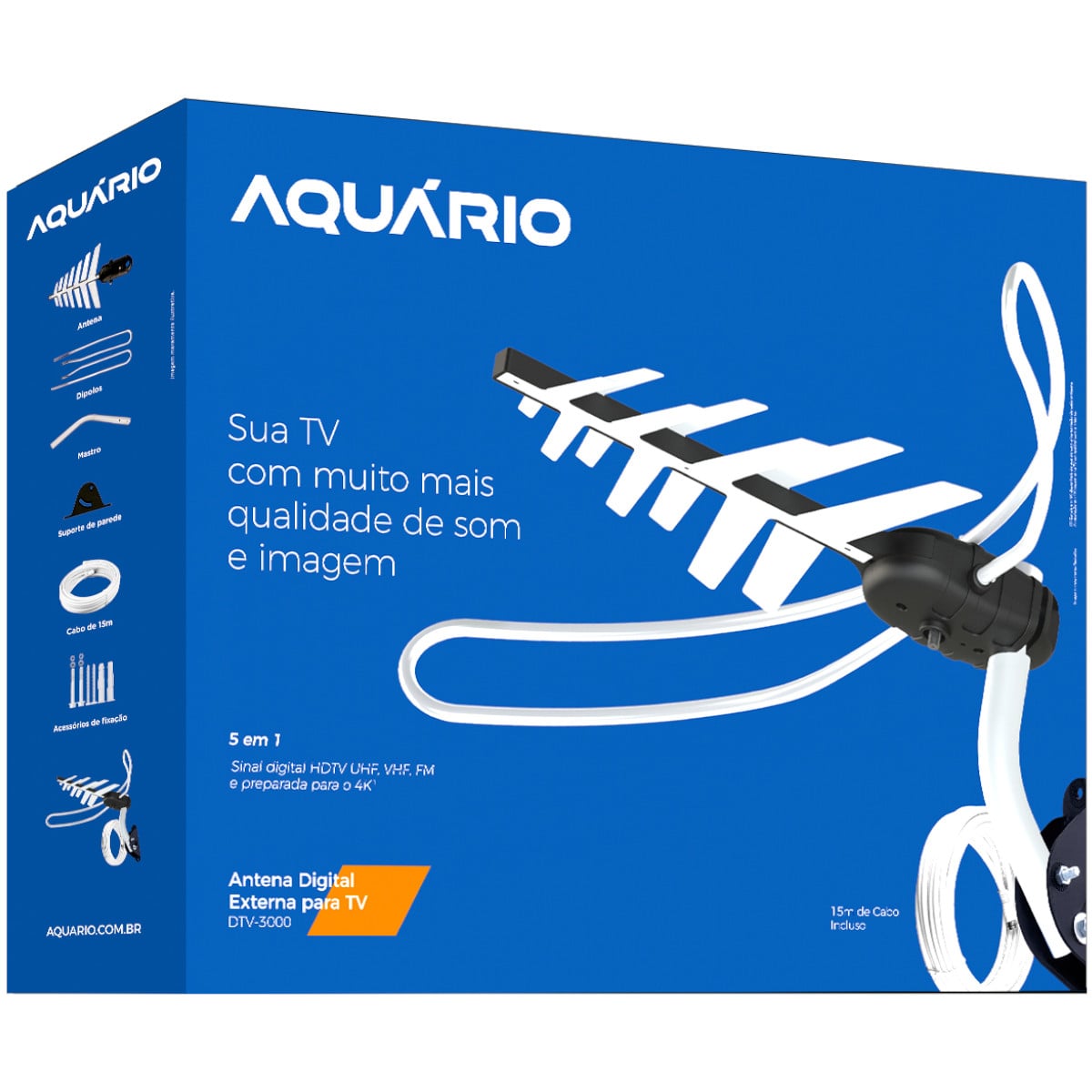 ANTENA TV DIGITAL EXTERNA 4 EM 1 VHF/UHF/FM/HDTV DTV-3000, COMPLETA, COM MASTRO E CABOS 15 METROS - Imagem 3